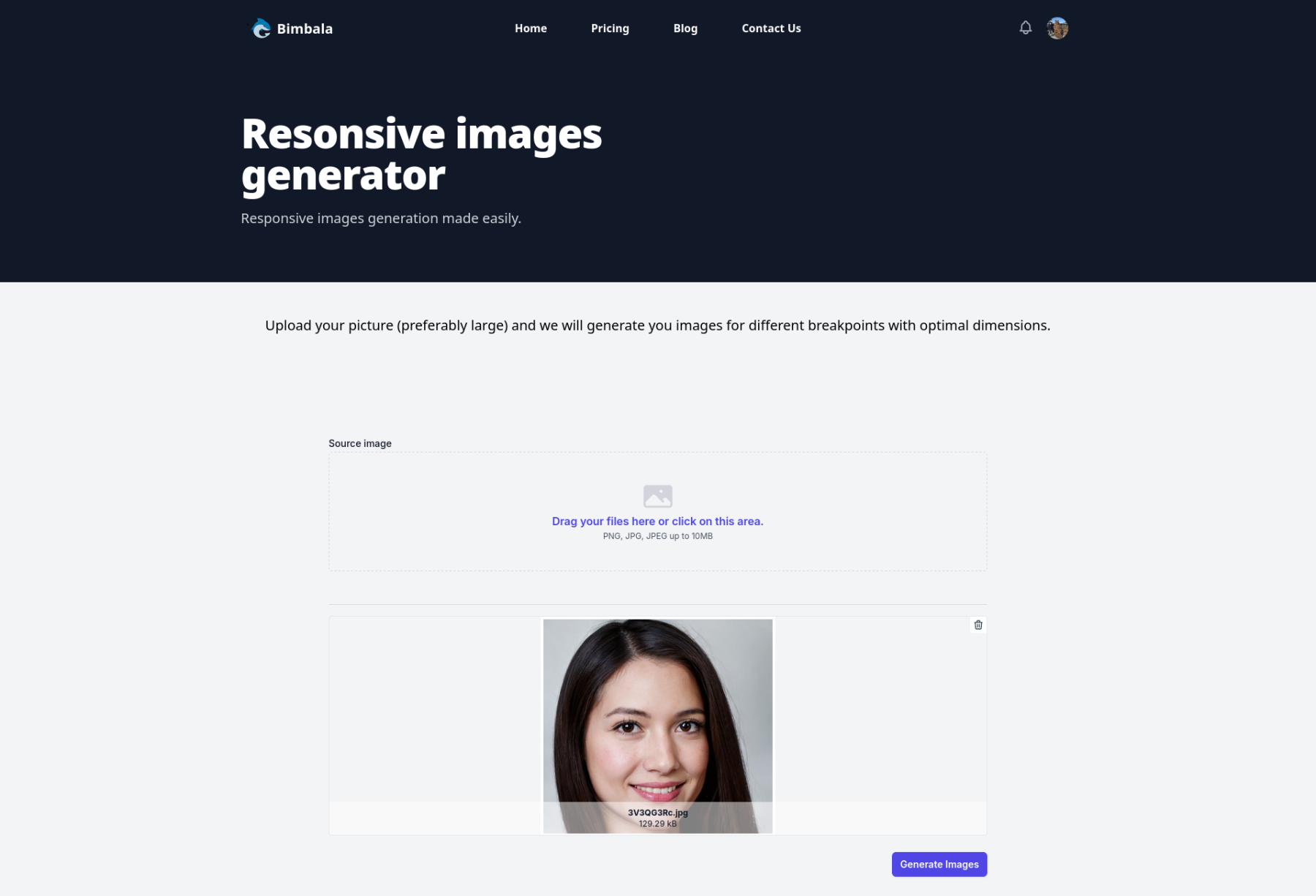 Responsive image generator tool screenshot